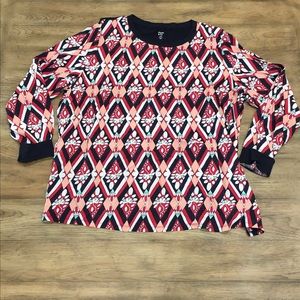 Red, navy, and Peach Patterned Blouse
